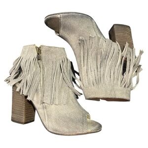 Diba True In Tern Mushroom Suede Fringe Peep Toe Size 6 Western Boho Earthy